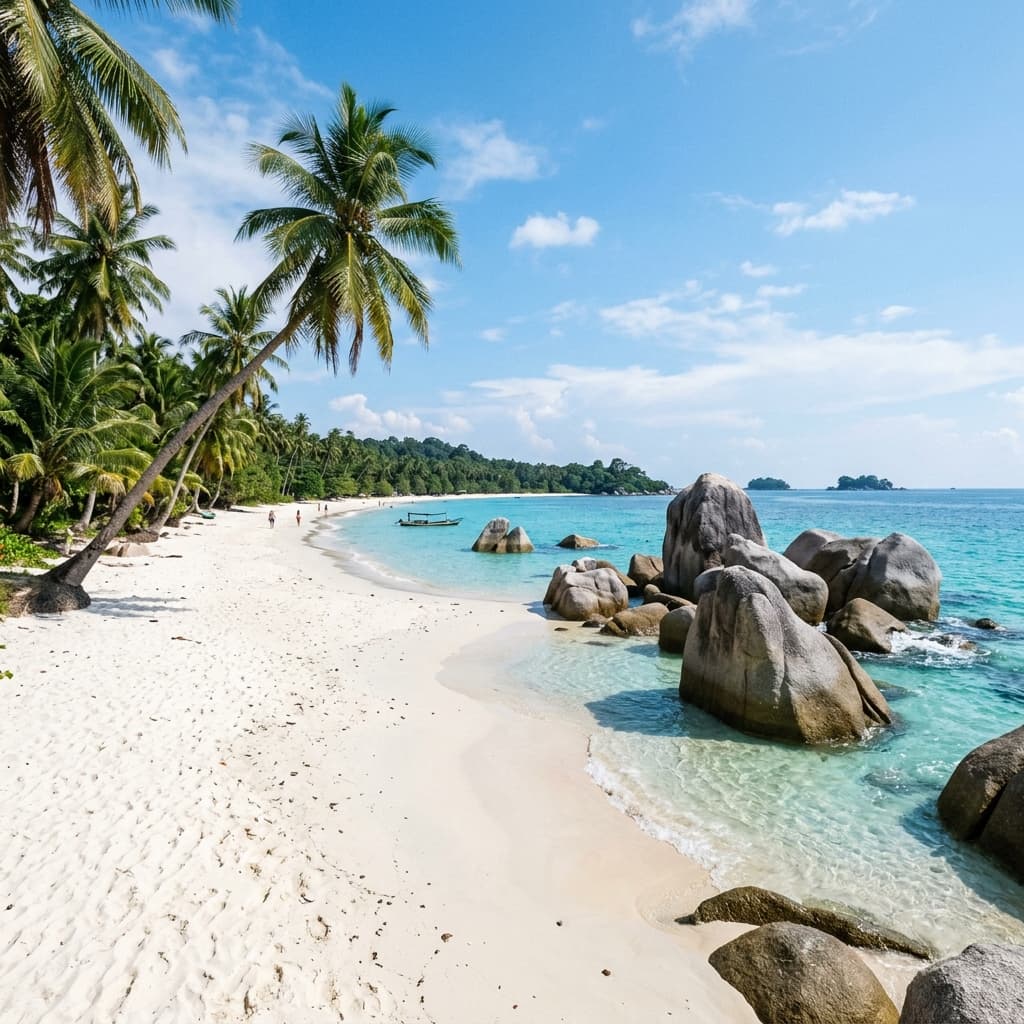 White sand tropical beach with palm trees on Bintan Island