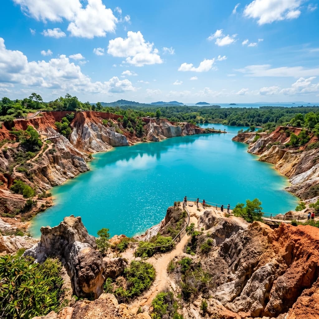 Blue Lake Bintan Island with turquoise mineral water surrounded by white sand cliffs