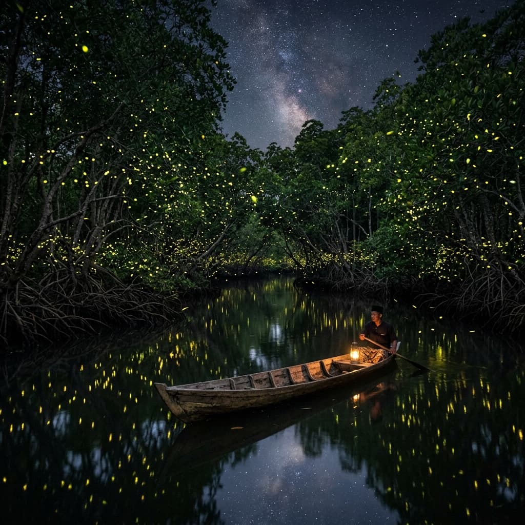 Fireflies night tour along Bintan mangrove river at sunset